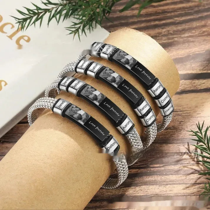 Men's heart shape bracelet made from titanium steel, leather, and rope with bead lettering options.