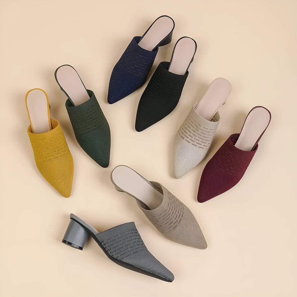 Women's black pointed toe sandals with fabric upper, toe cap, and chunky 5cm block heel
