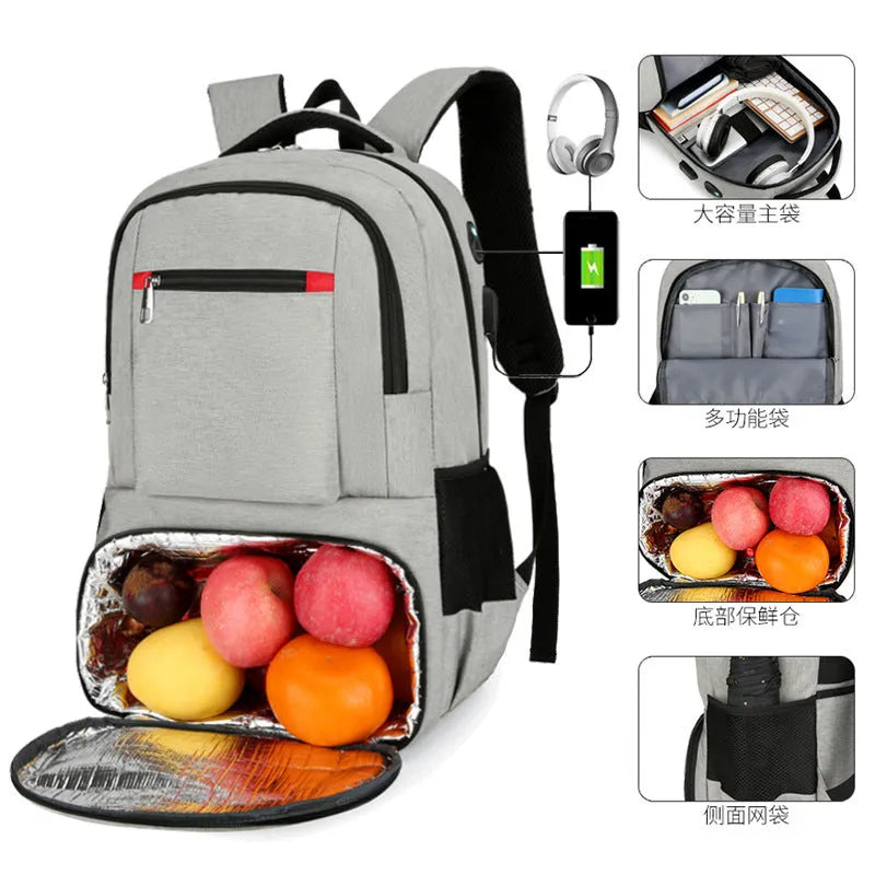 Light grey insulated Oxford cloth backpack with curved shoulder straps, showing dry wet separation compartments.