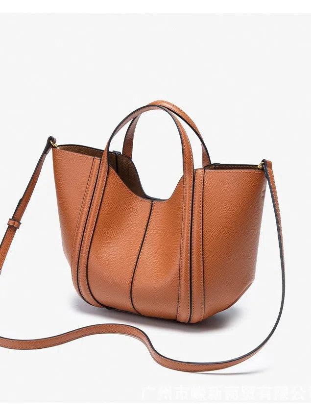 Bucket-textured PU vegetable basket tote bag for women with stitched seams, brown colour, single shoulder strap