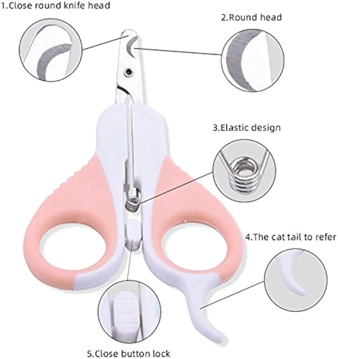 Grey and pink stainless steel cat nail clippers with angled blade and safety lock