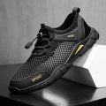 Men's leather mesh breathable outdoor casual sandals in black with flat heel and round toe