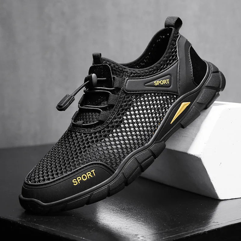 Men's leather mesh breathable outdoor casual sandals in black with flat heel and round toe