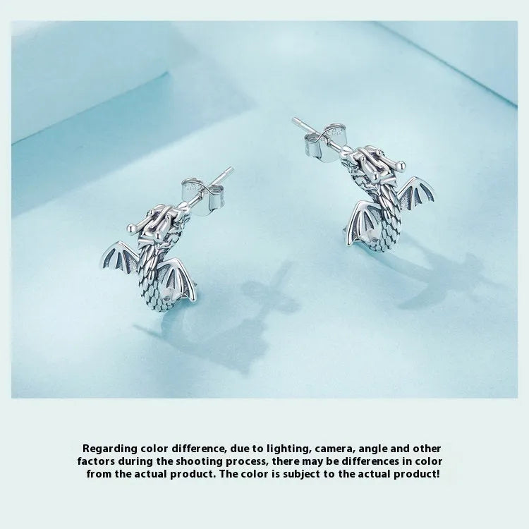 Women's retro handmade oxidised 925 silver flying dragon stud earrings, 13x13mm, 2.6g