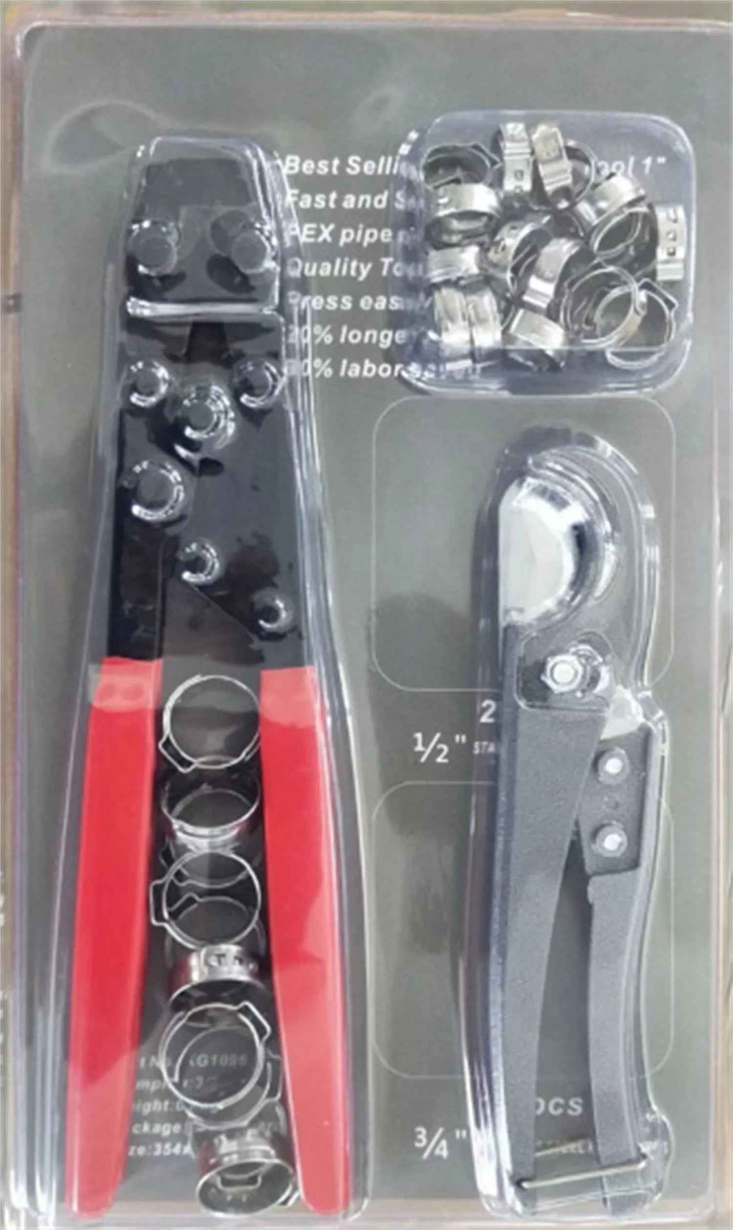 Red cloth finish PEX clamp set with metal construction and carbon steel cutting edge