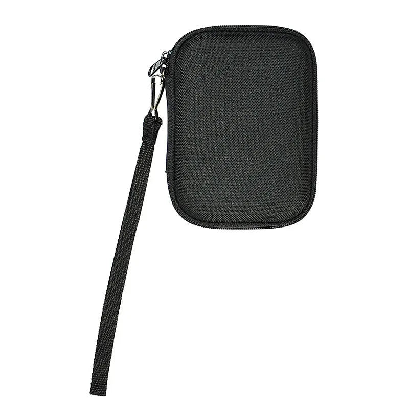 Black hard protective storage case for magnetic wireless power bank, 120x90x27mm, on neutral background