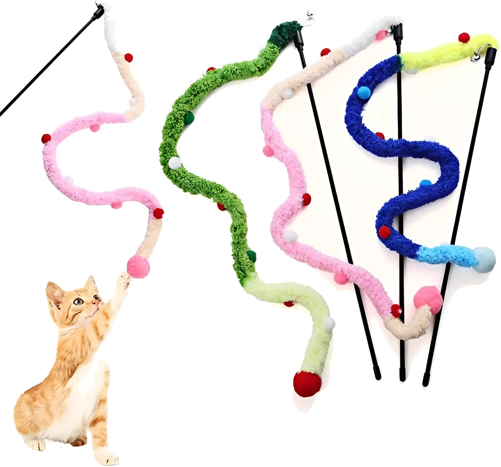 Interactive cat wand toy with colourful plush strip and bell attachment for indoor play