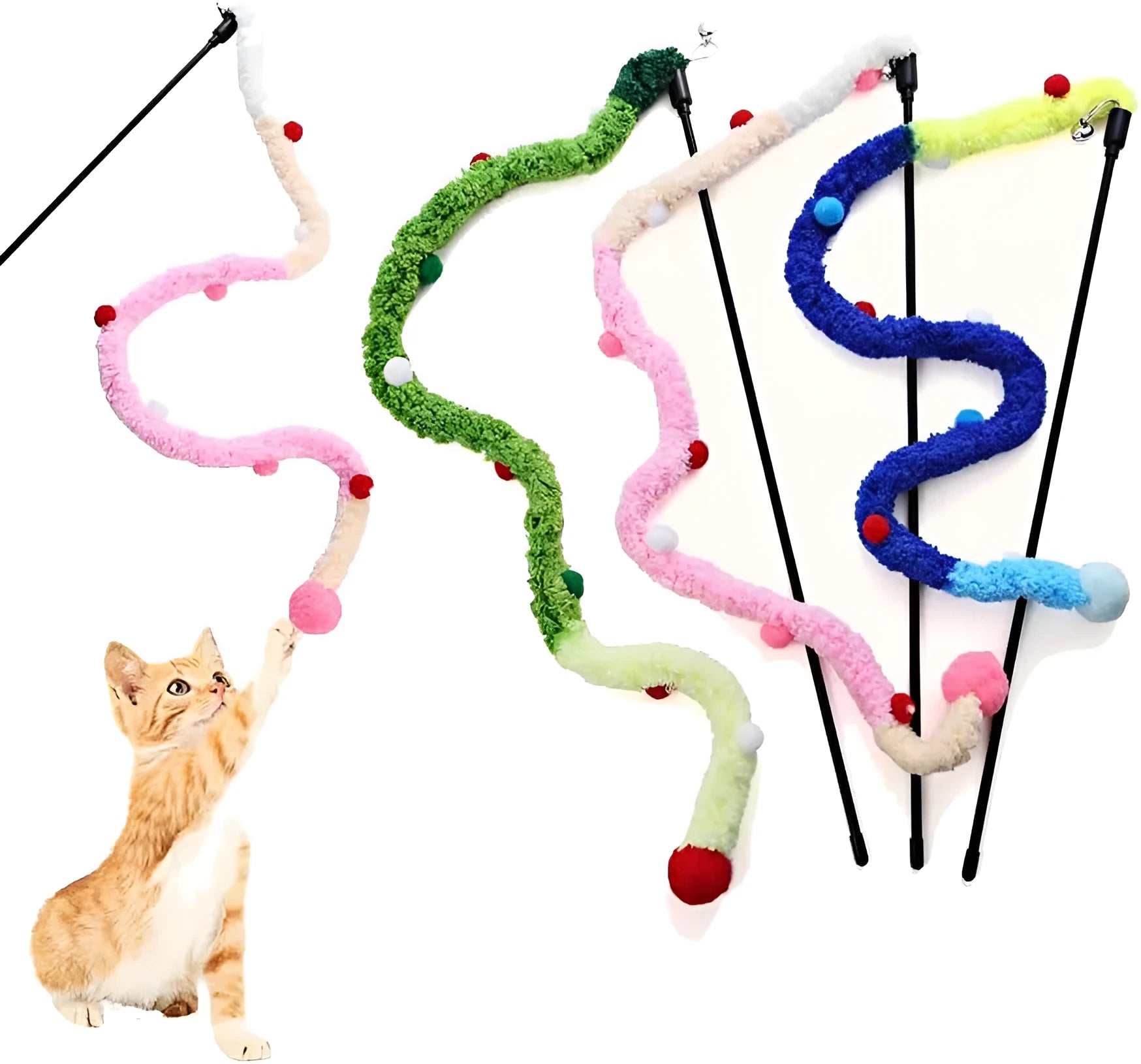 Interactive cat wand toy with colourful plush strip and bell attachment for indoor play