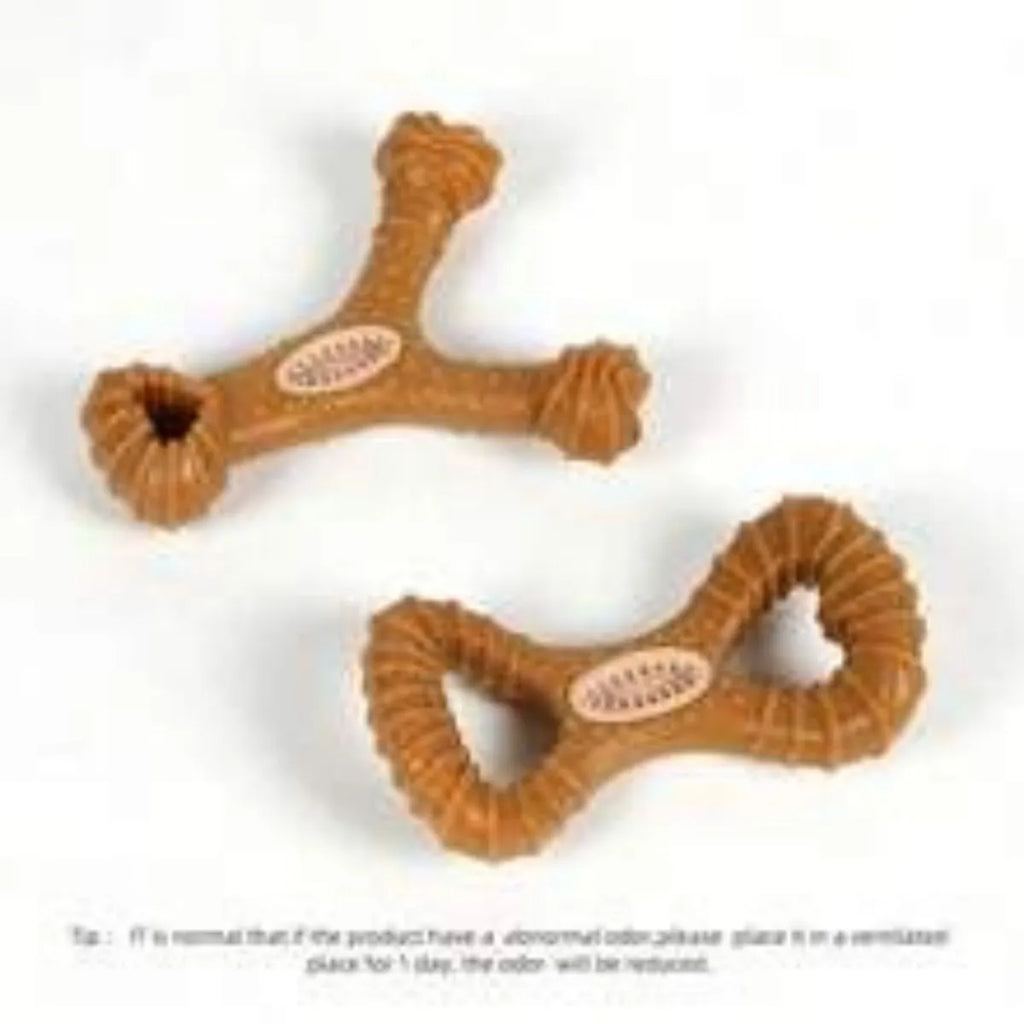White plastic dog chew toy showing 8 shape and Y shape designs, 18 cm long