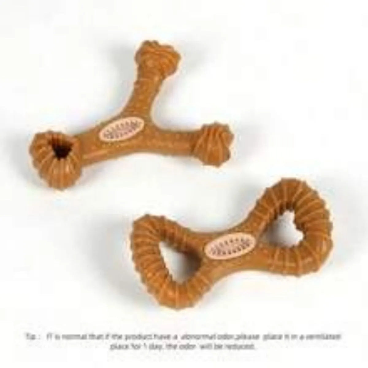 White plastic dog chew toy showing 8 shape and Y shape designs, 18 cm long