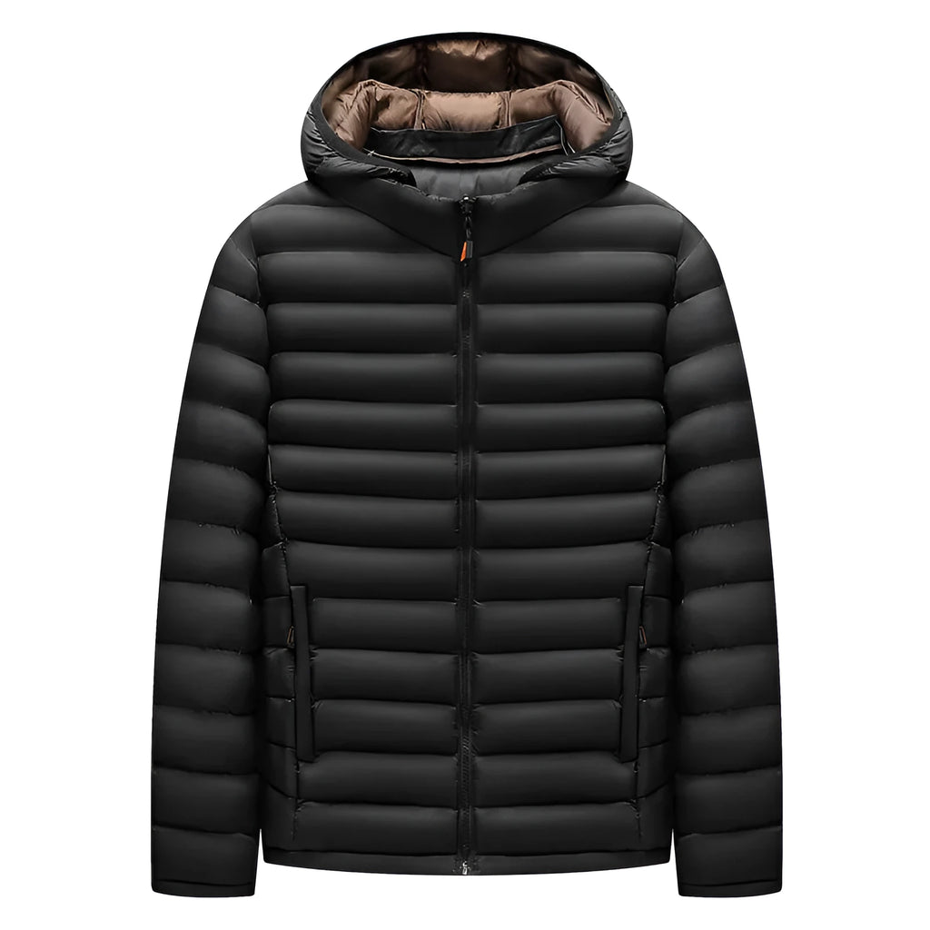 Men's lightweight down jacket with detachable hood in black, army green or blue with zippered pockets