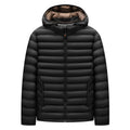 Men's lightweight down jacket with detachable hood in black, army green or blue with zippered pockets