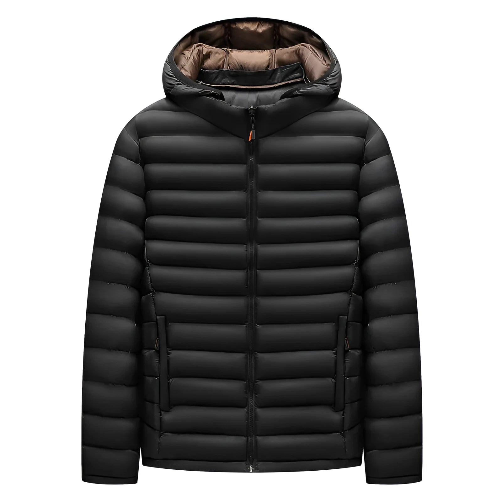 Men's lightweight down jacket with detachable hood in black, army green or blue with zippered pockets