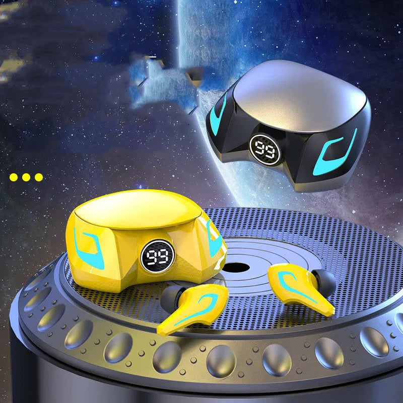 Wireless Bluetooth gaming earbuds in black grey, cool black, and yellow colour options with earplug design