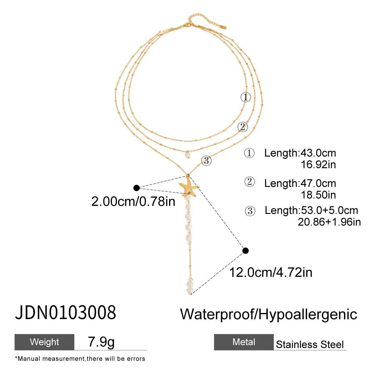European American pearls necklace titanium steel twin starfish pendant 18K gold stainless steel chain