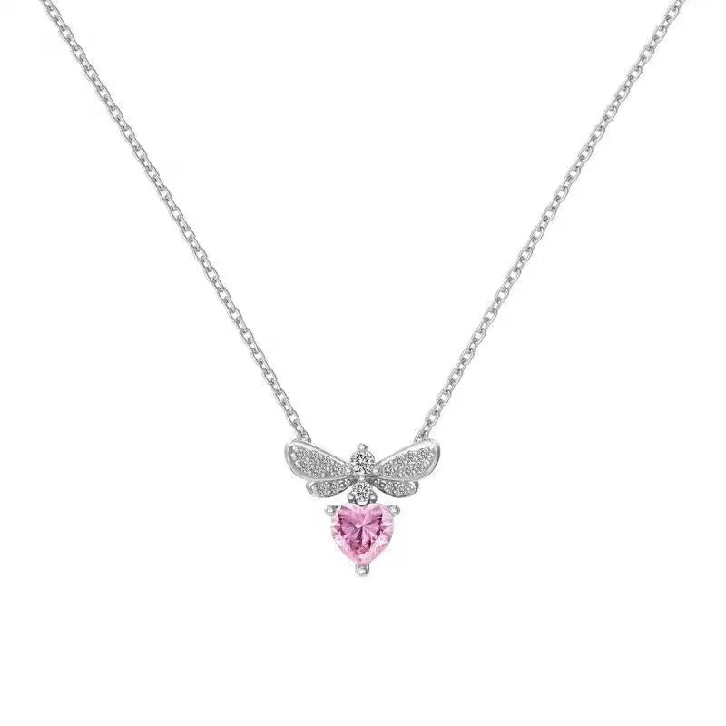 Bee Loving Heart Zircon Necklace stainless steel white gold plated copper pendant