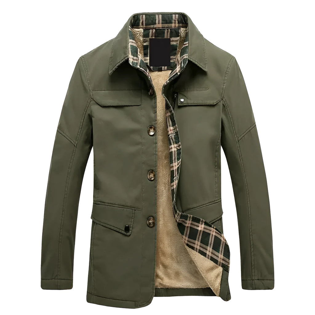 Fleece-lined men's washed jacket Korean style slim fit trench coat in khaki