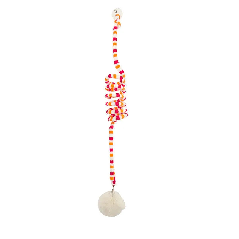 Spring cat toy with bell stick and inflatable ball hanging from door with suction cup