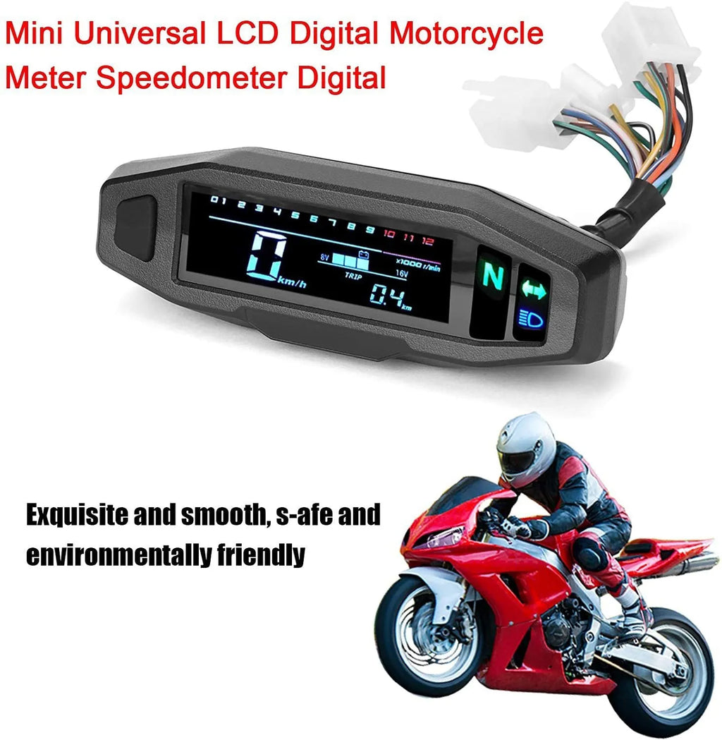 Black motorcycle mini LCD speedometer gauge showing speed, RPM, fuel and oil level on backlit screen
