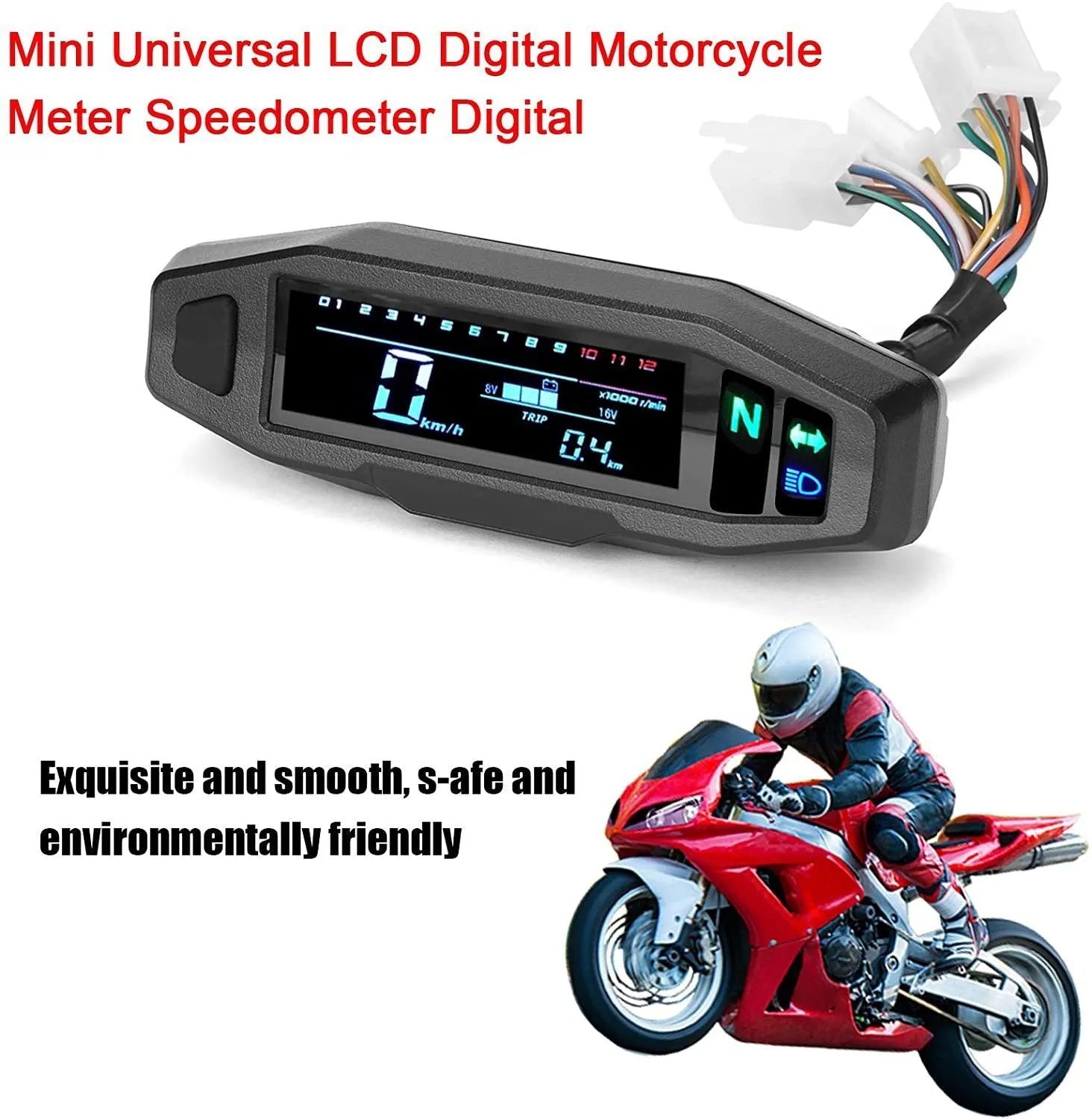 Black motorcycle mini LCD speedometer gauge showing speed, RPM, fuel and oil level on backlit screen