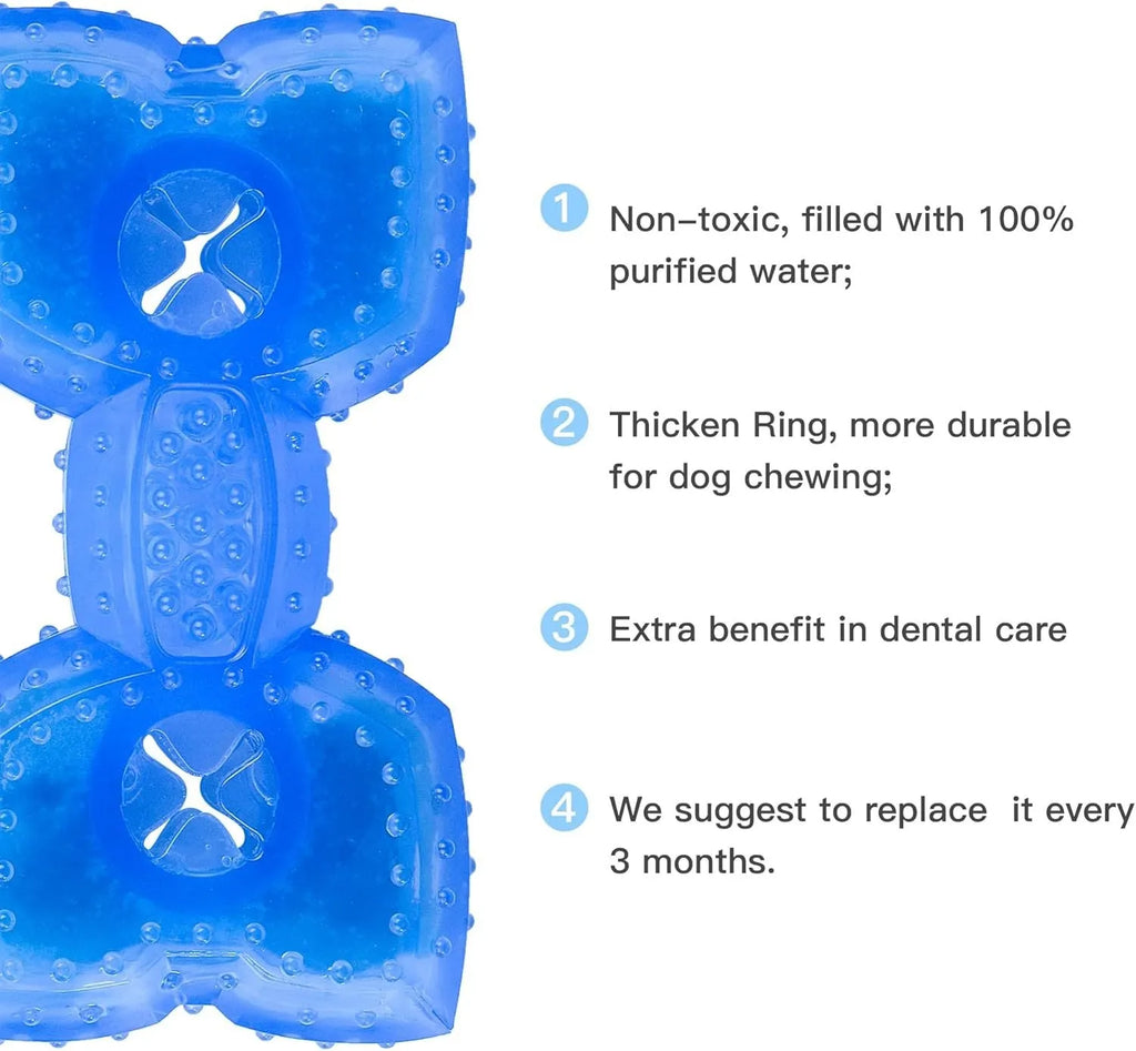 Freezable dog chew toy in bone and circle shapes with a treat slot, shown frozen.