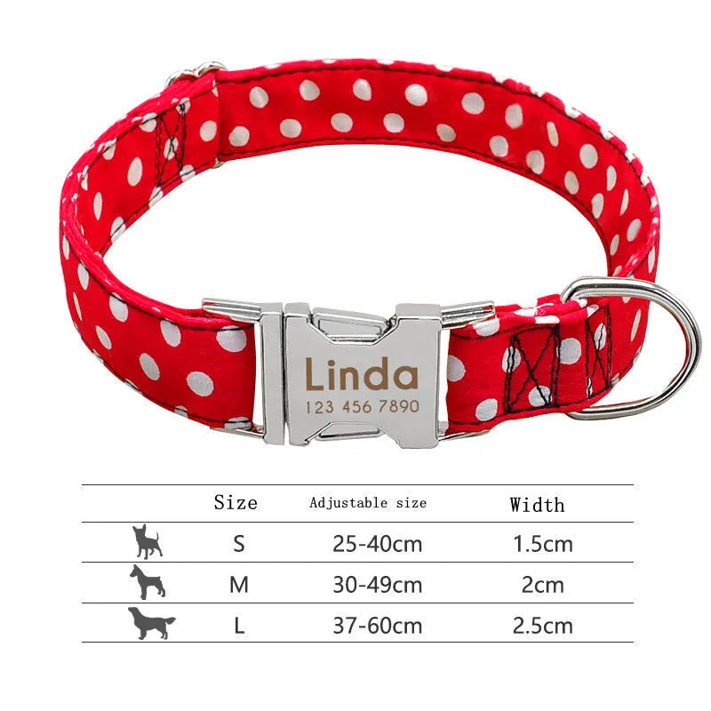 Red polka dot dog collar with laser engraved lettering on a pet dog