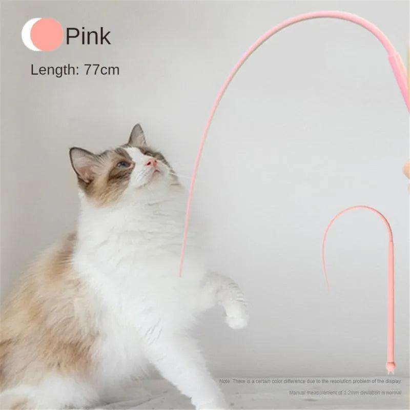 Blue cat teasing wand with long silicone mouse tail and cat head handle on white background