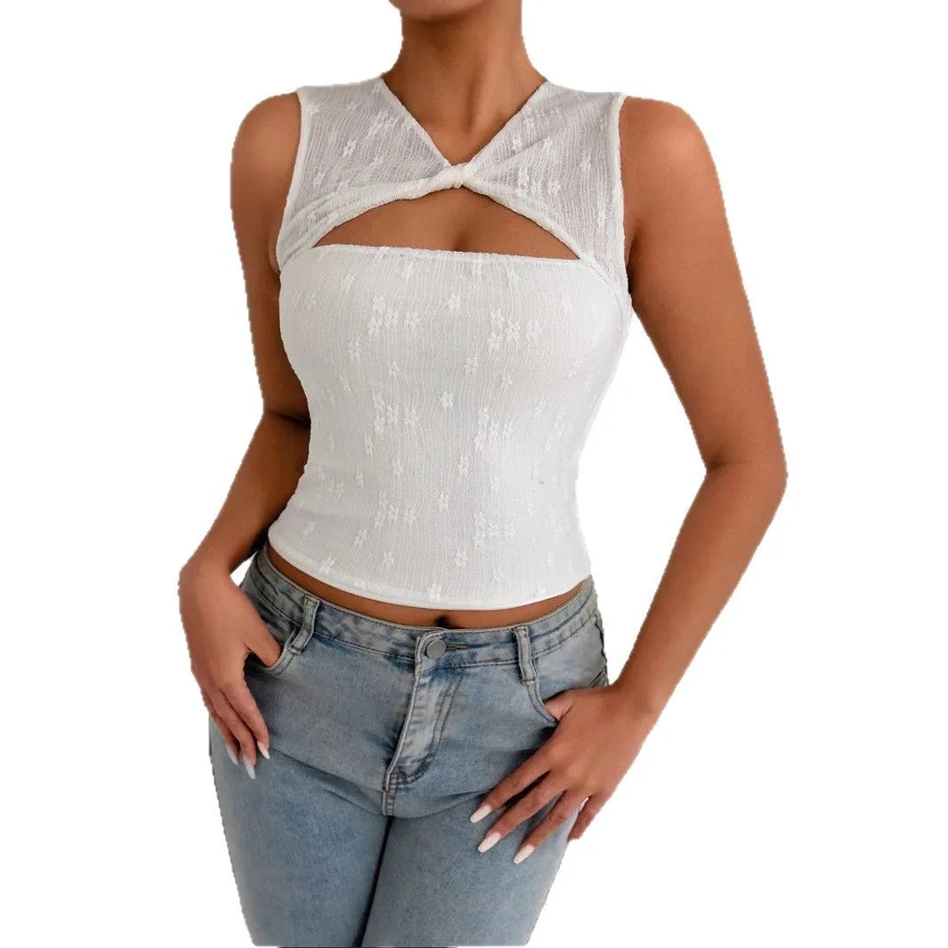 White women's lace patchwork sleeveless top slim fit short 40cm pullover on model