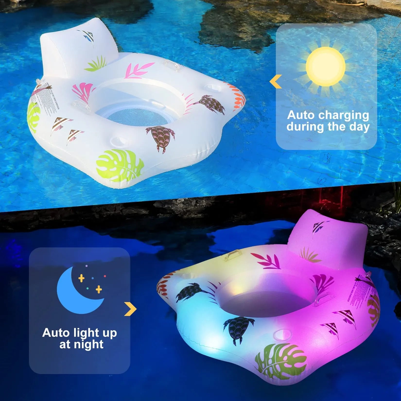 White U-shaped inflatable float with LED lights for pool lounging