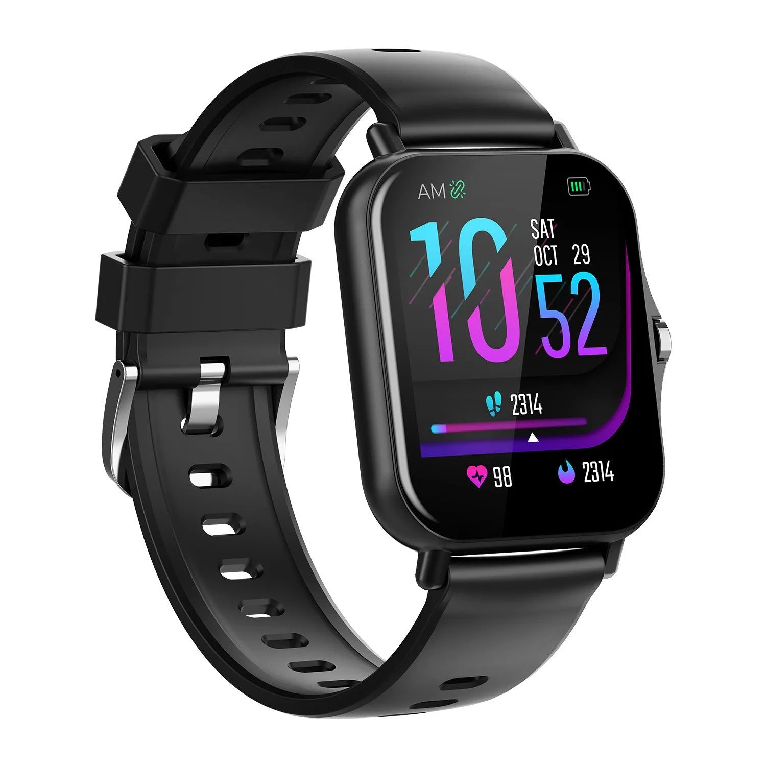 W10 smart watch displaying heart rate and blood pressure metrics on 1.75-inch curved touch screen