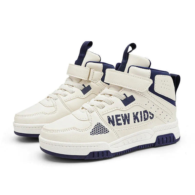 Children's beige green street sneakers with a buckle closure, PU upper, and rubber sole.