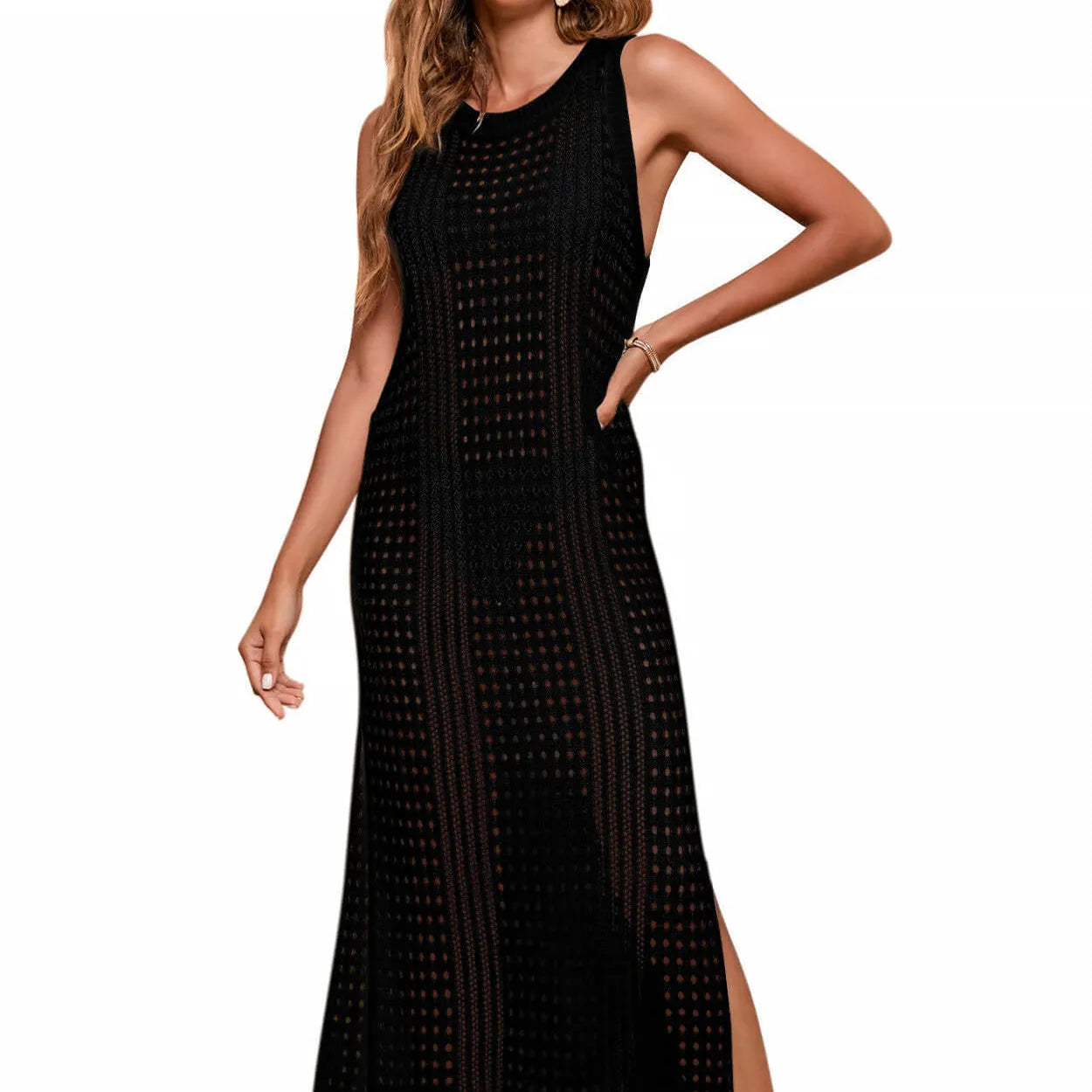 Women's long loose hollow-out knitted beach blouse in a solid colour with a cotton blend lining.