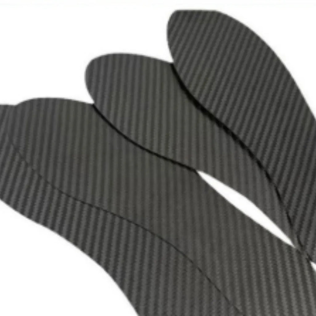 Black 3K carbon fibre full-palm running insoles for shock absorption, shown in various sizes.