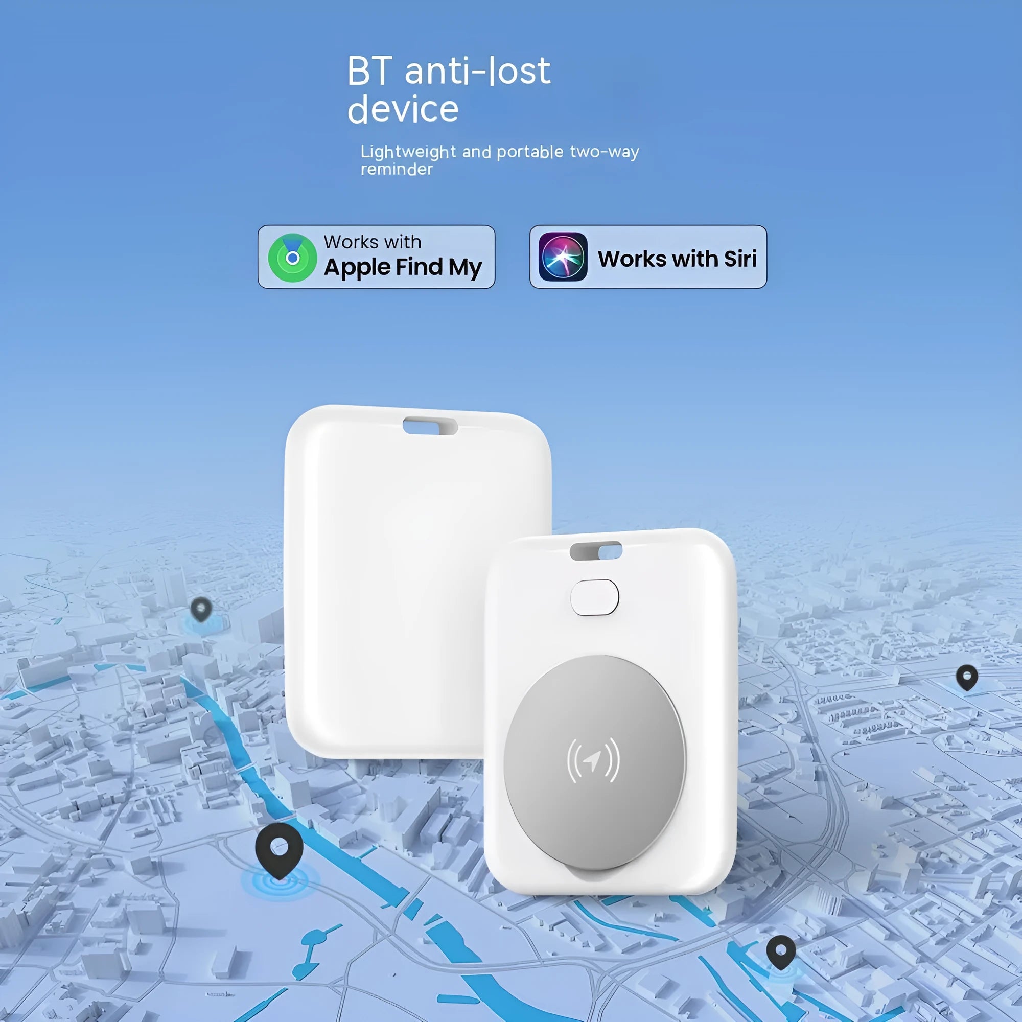 White ABS plastic pet tracking device with portable wearing attachment for Apple devices