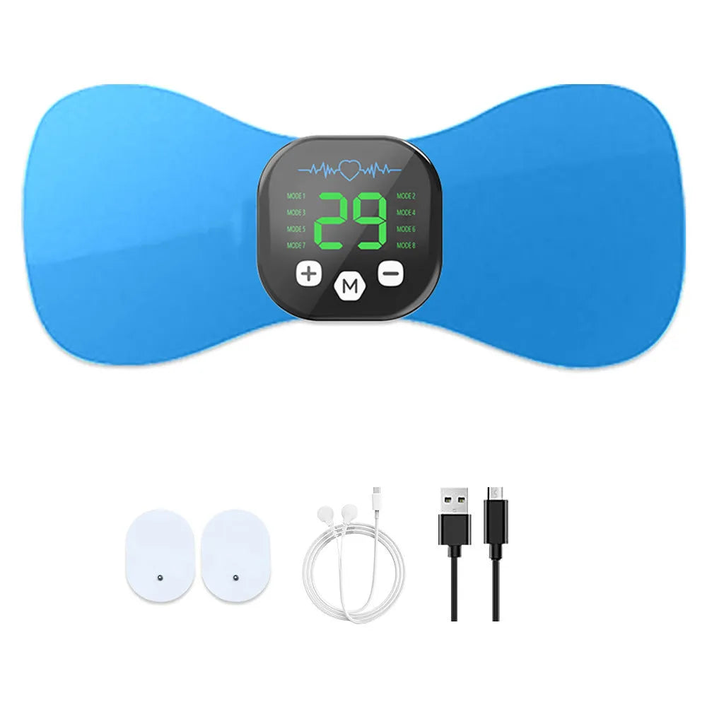 Blue cervical pulse massage pad with remote control and USB cable for EMS electrotherapy neck relief