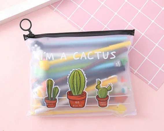 Marvel series cartoon pen set with 20 black 0.5mm pens and plastic storage case featuring cactus designs