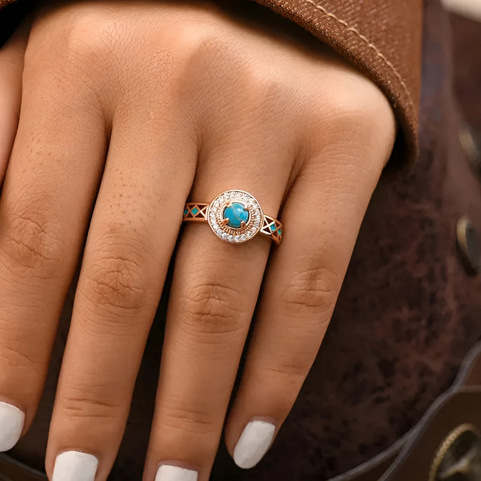 Women's turquoise geometric copper ring with zircon stone inlay in rose gold finish