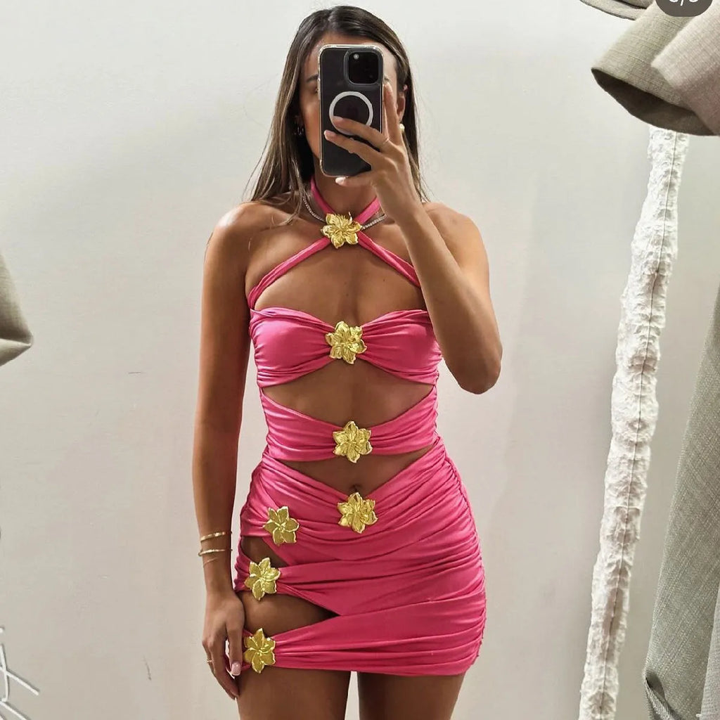 Women's solid colour one-piece swimsuit with hollow-out tube top and detachable high-waist skirt