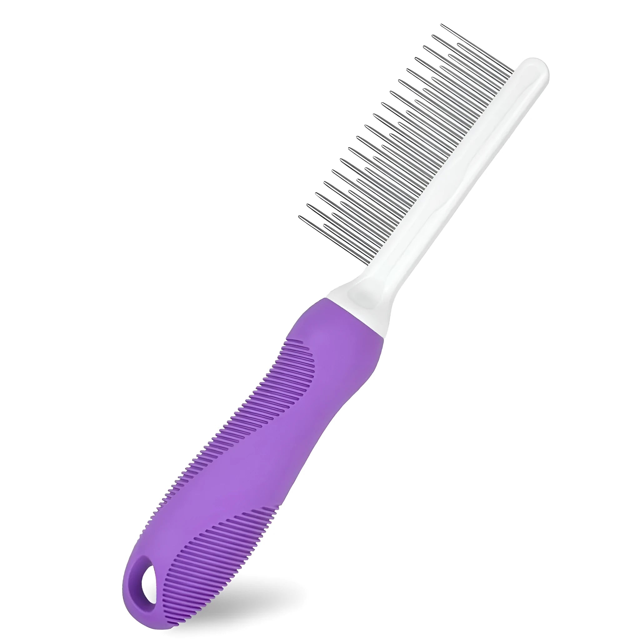 Purple pet grooming comb with stainless steel teeth and ergonomic handle for dog and cat grooming