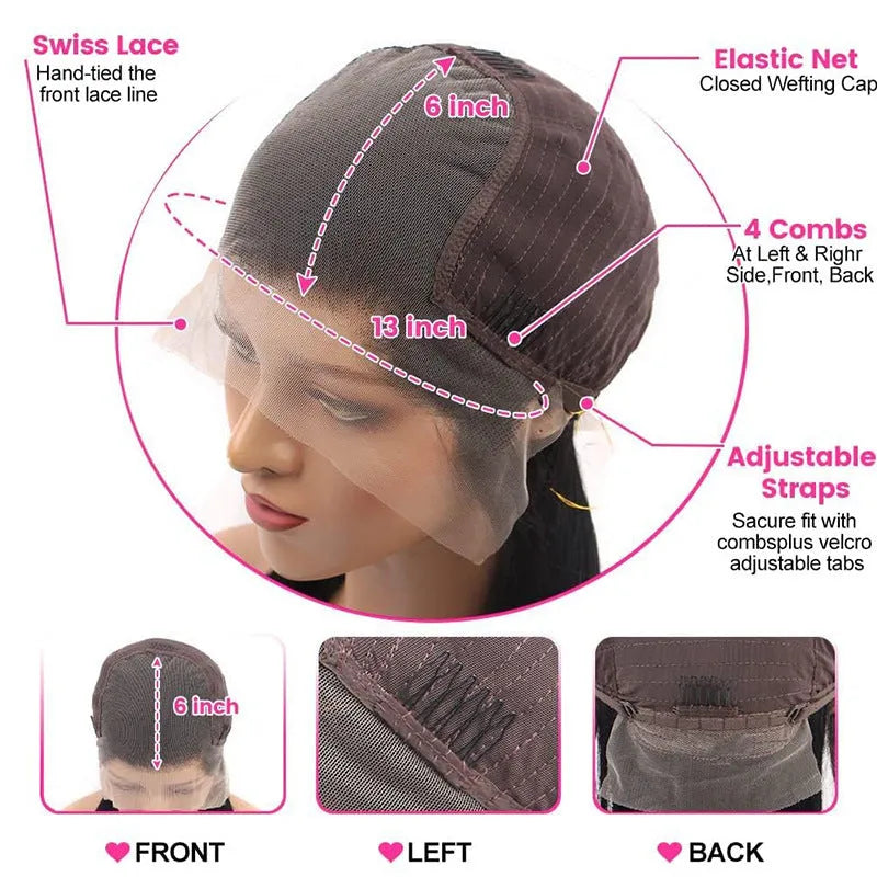 A straight black human hair wig with a lace front, shown at one of its available lengths from 16 to 32 inches.