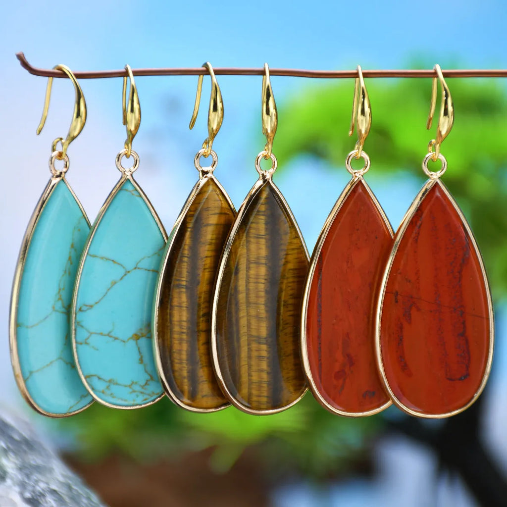 Vintage stone drop earrings in Tigereye with manual craftsmanship and water droplet shape