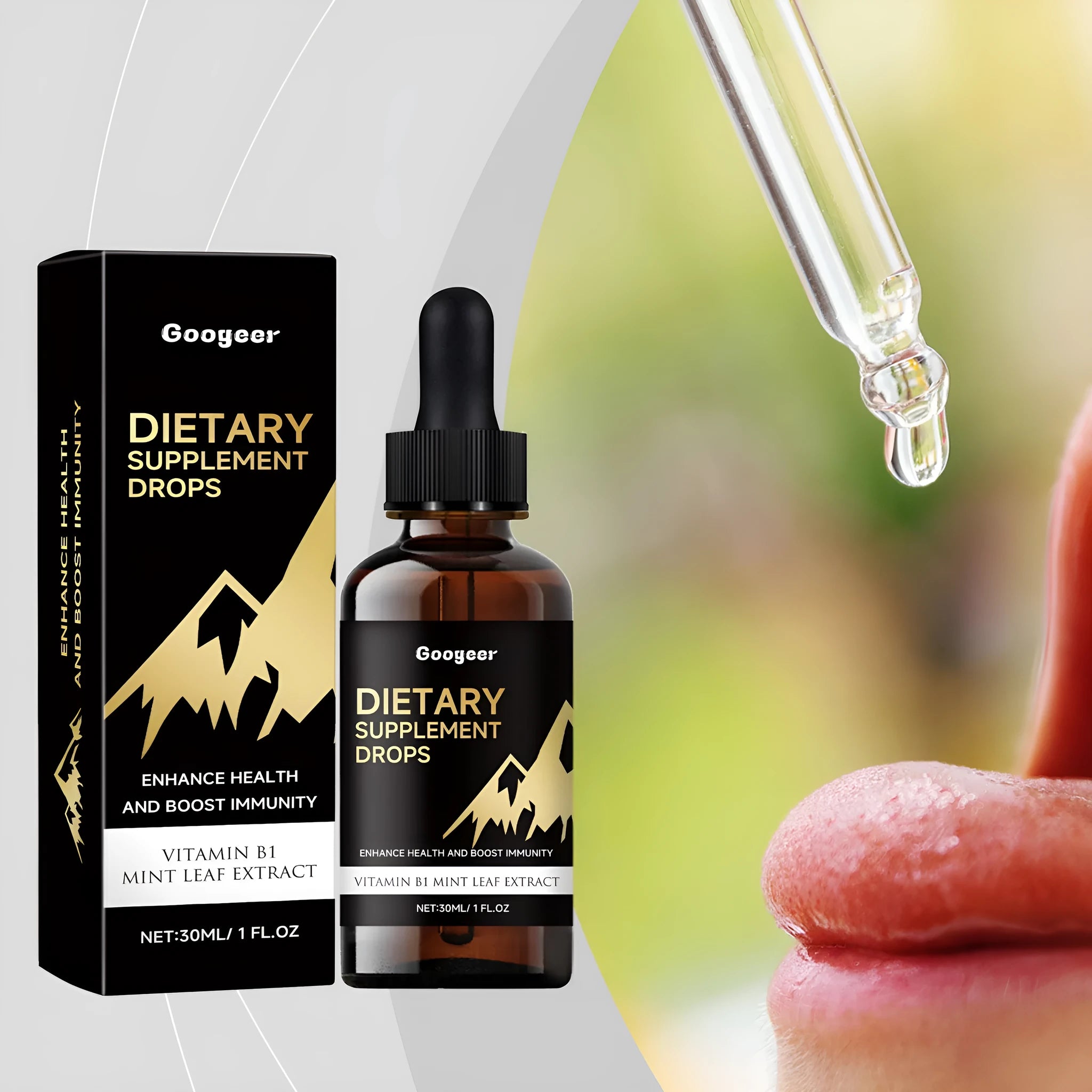 30ml bottle of clear dietary supplement drops with a dosage dropper on a white background.