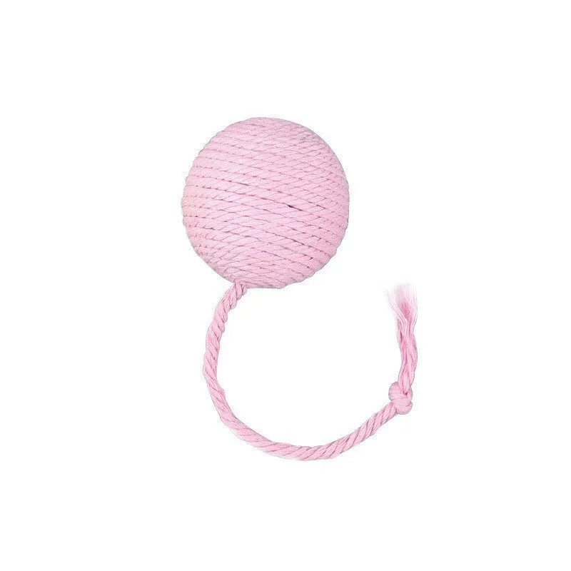 Cat toy ball with rope and bell in green pink purple yellow colours showing 3cm and 6cm size options