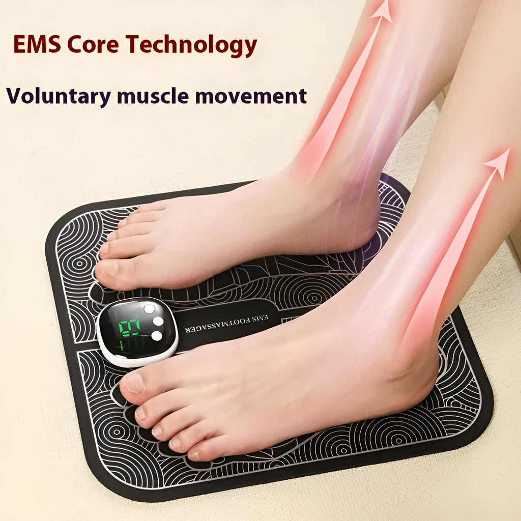 Blue rechargeable foot reflexology massager mat with remote control on a wooden floor.