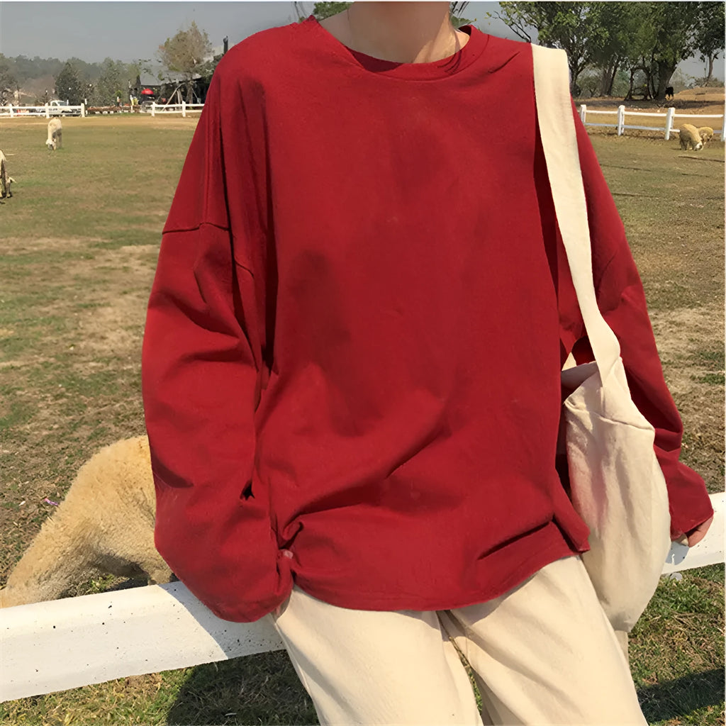 Loose and lazy style long-sleeved top in solid colour polyester pullover for commute