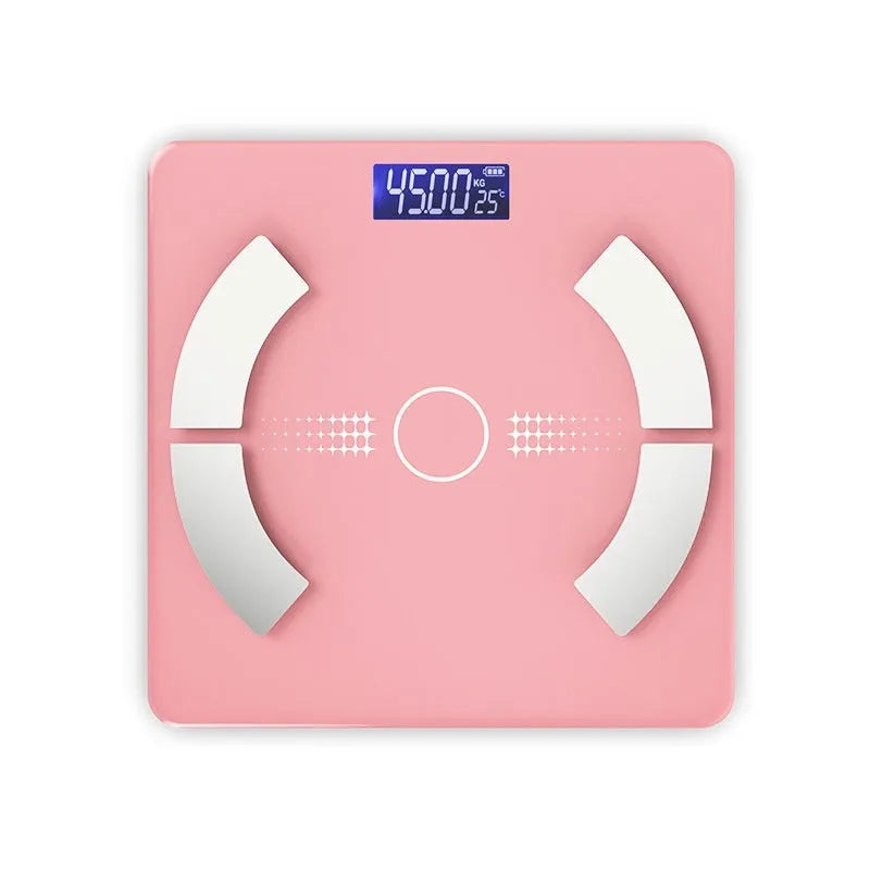 Smart Bluetooth rechargeable body fat scale in white, black or pink colours
