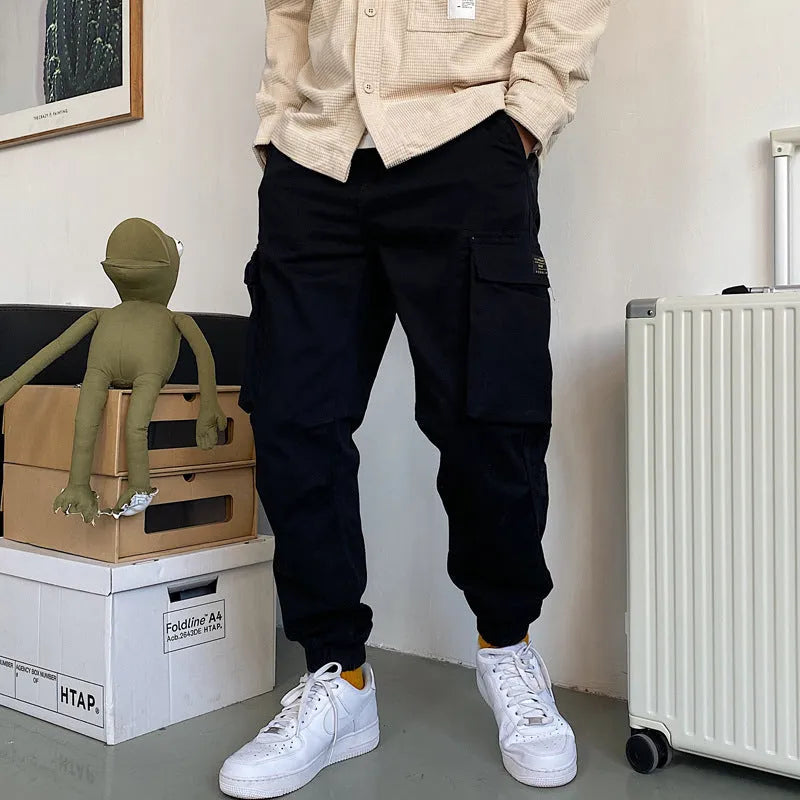 Men's pure cotton multi-pocket casual workwear pants in khaki with mid waist and ankle drawstring