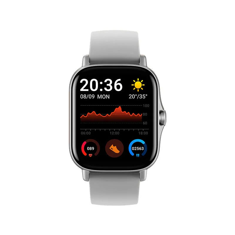 GT20 smartwatch with 1.75-inch screen on silicone band, showing heart rate monitoring display