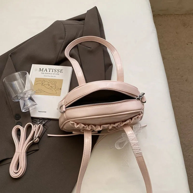 Women's bandage bow PU leather shoulder handbag with mobile phone compartment in beige colour