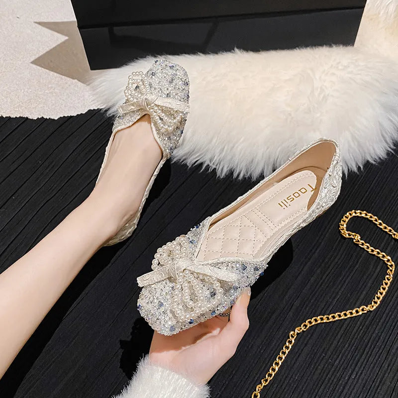 Women's square toe flat shoes with rhinestone and pearl embellishments in solid colour, low top design
